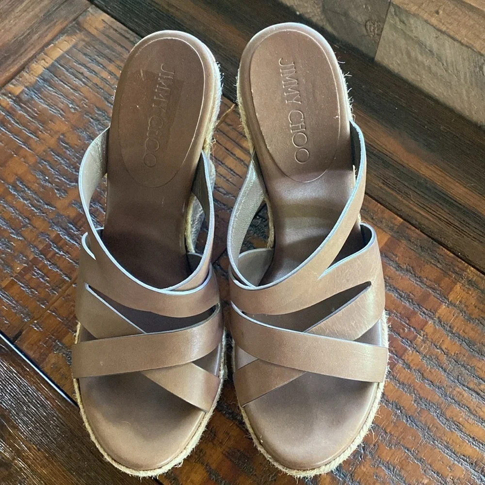 Jimmy Choo Prisma Wedge leather sandals in chocolate brown size US 7.5 (38.5)